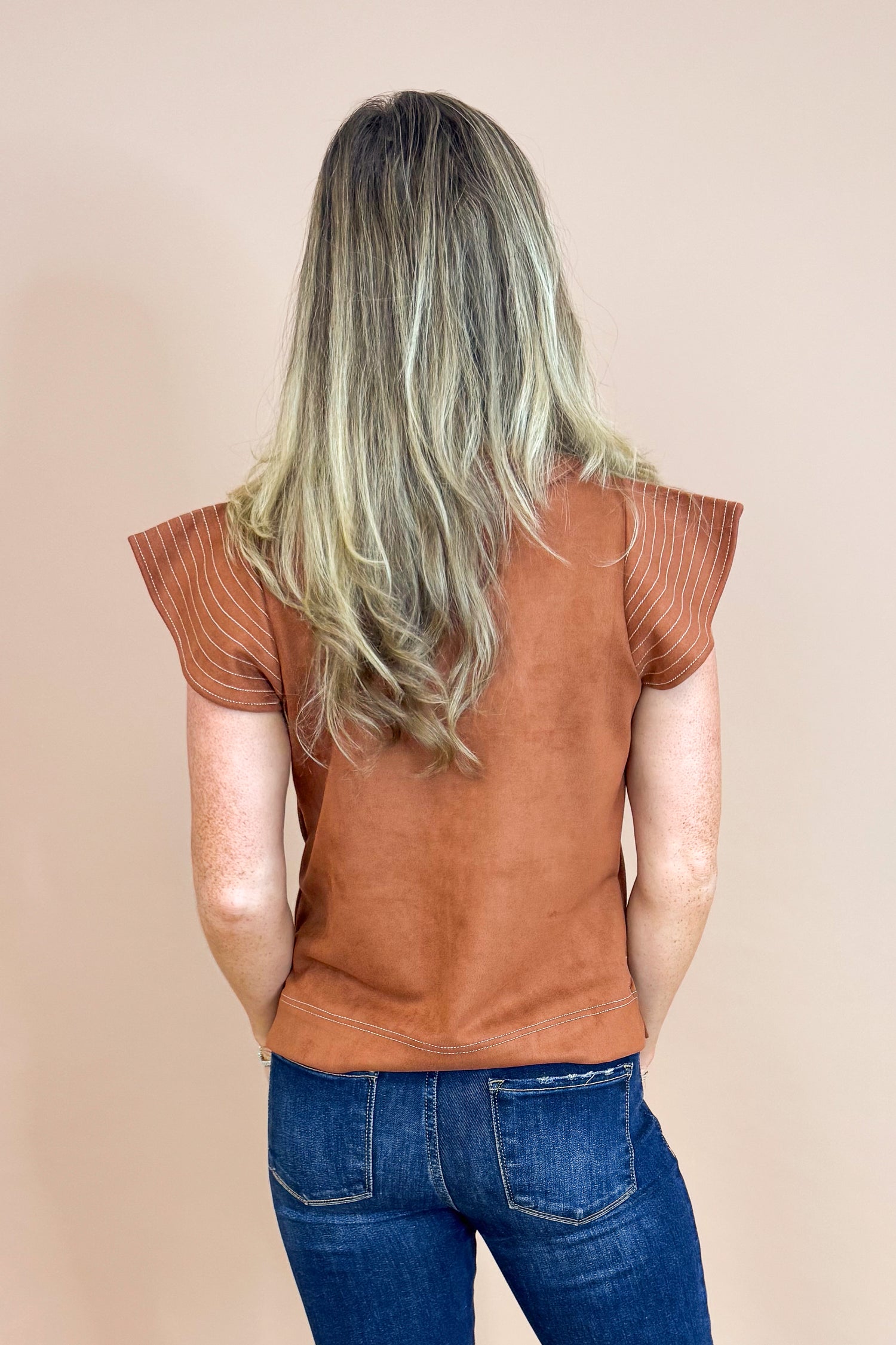 The Truth Of It Rust Suede Flutter Sleeve Top by THML