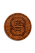 Wooden coaster with NC logo on a white background