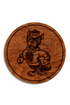 Wooden plaque with a engraved wolf logo on a white background