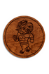 Wooden coaster with engraved mascot design on a white background