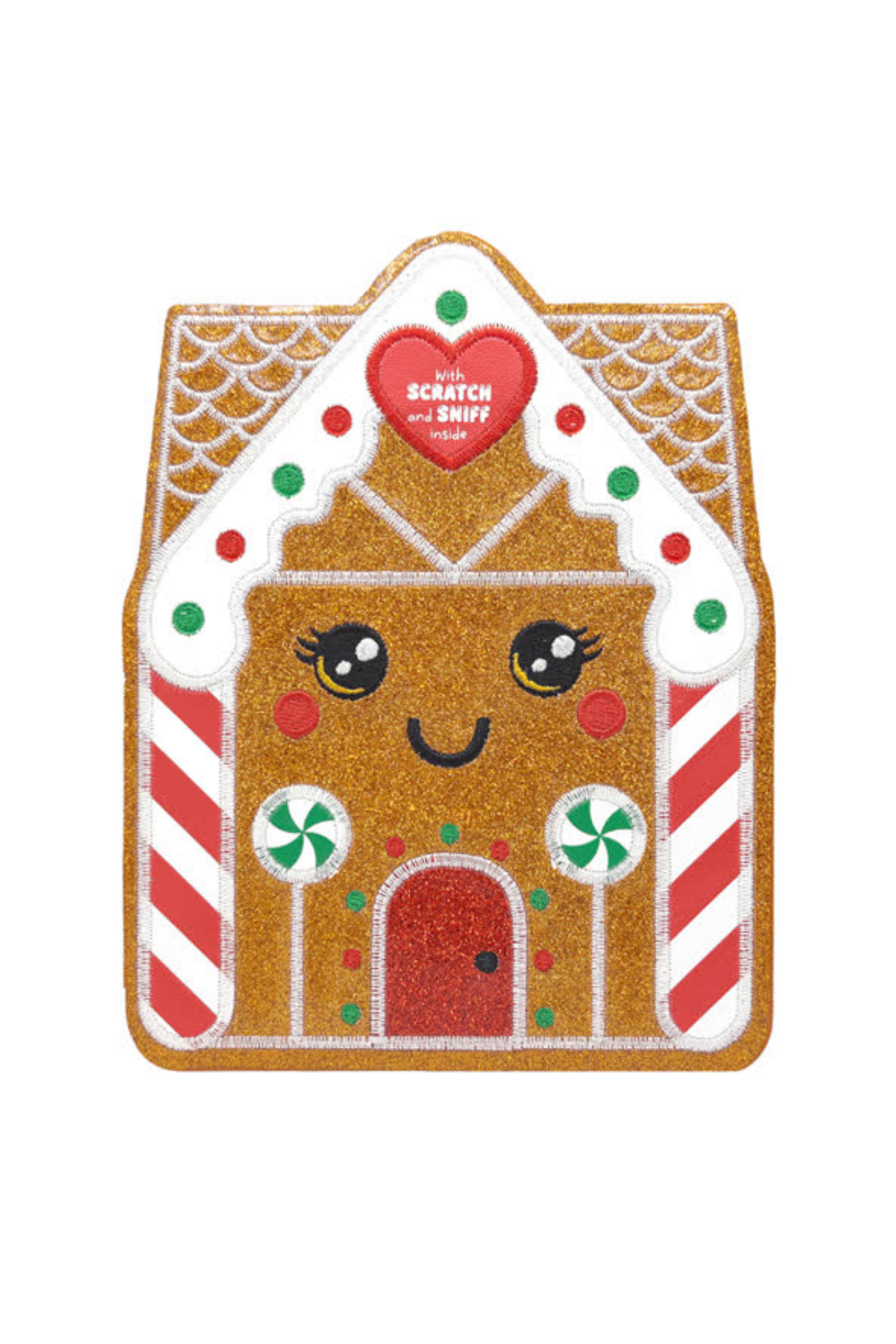 Gingerbread house-shaped scratch and sniff book with a heart label on a white background
