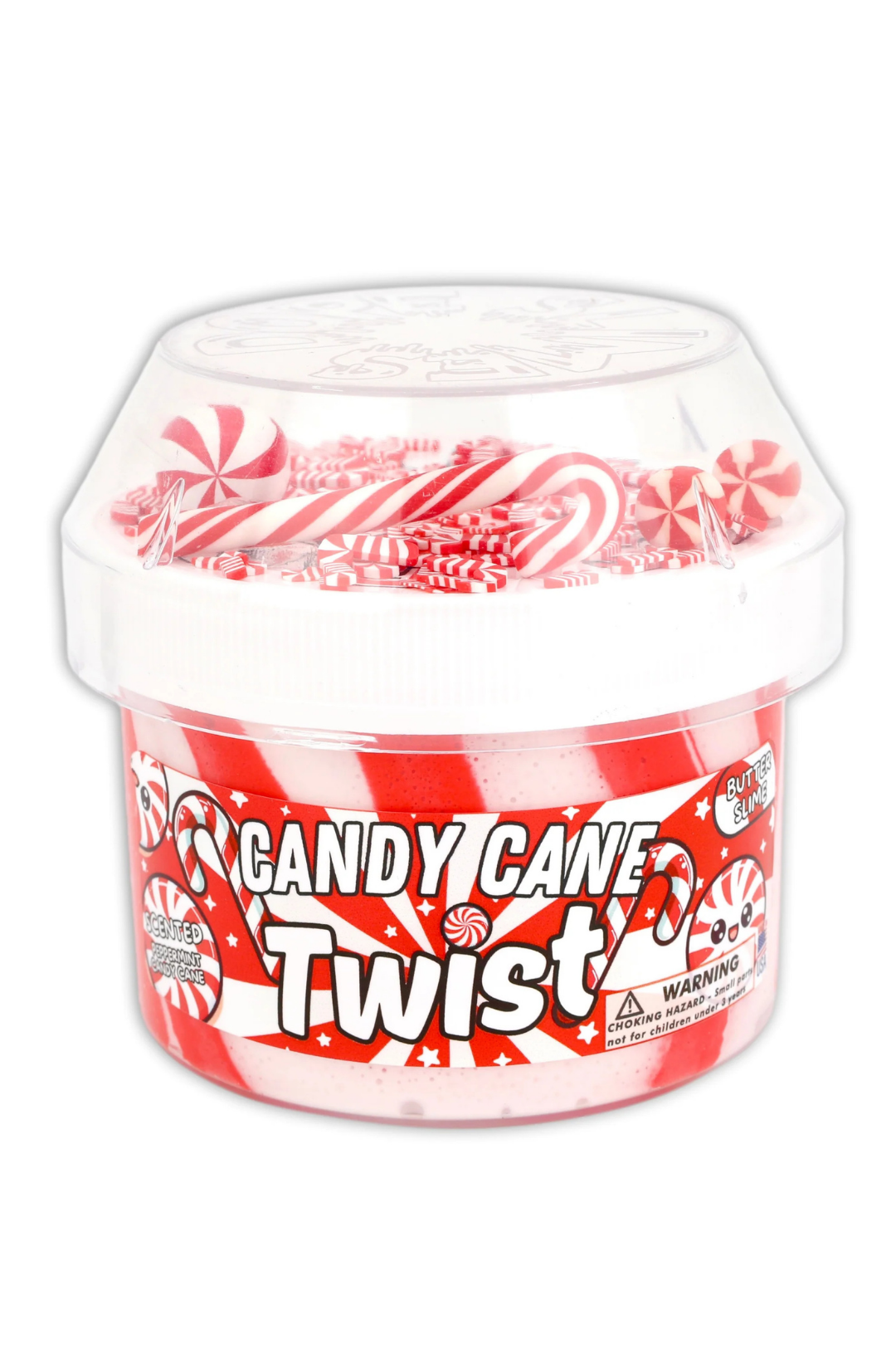 Jar of Candy Cane Twist slime on a white background