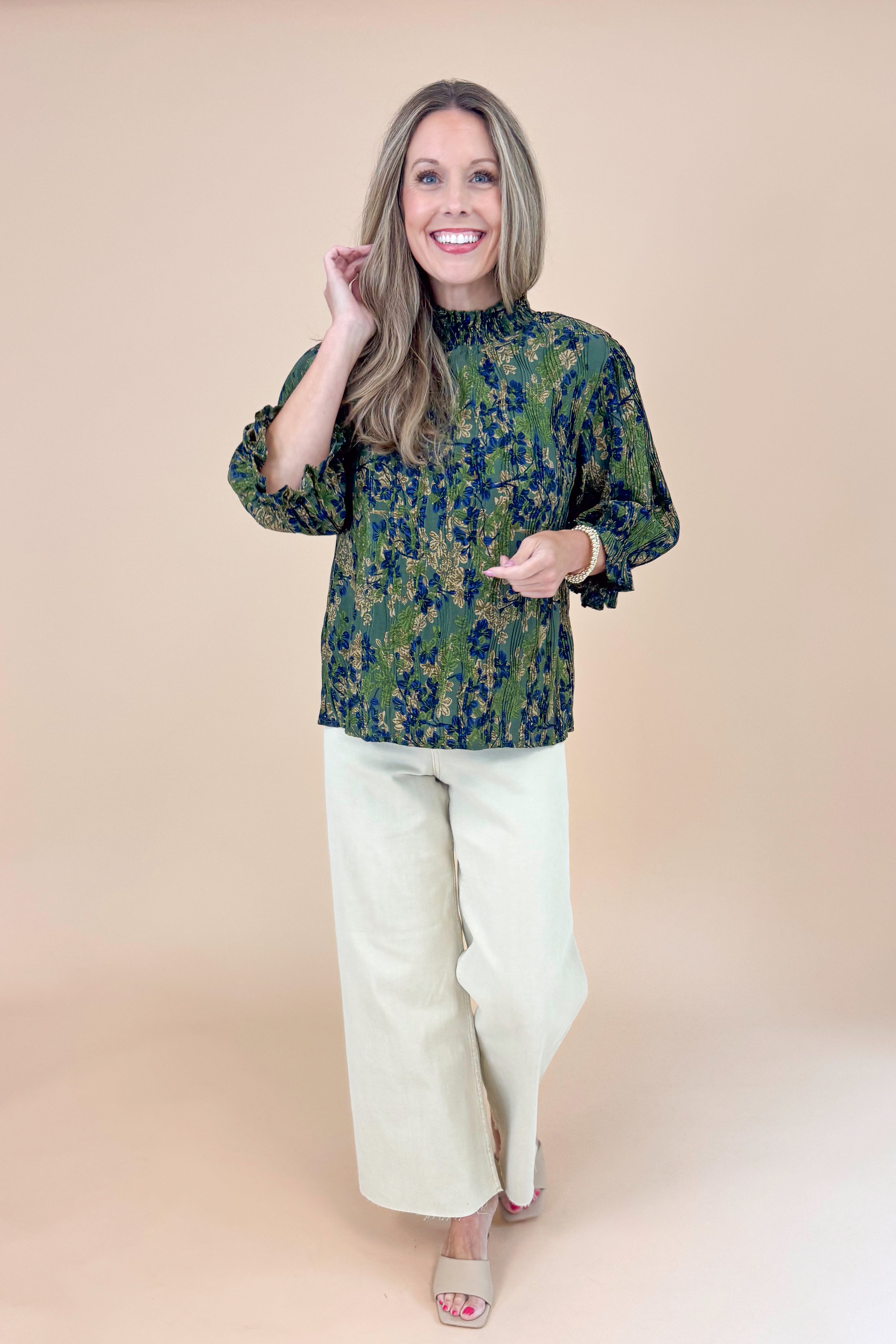Sweet Escape Olive Smocked Neck Floral Top