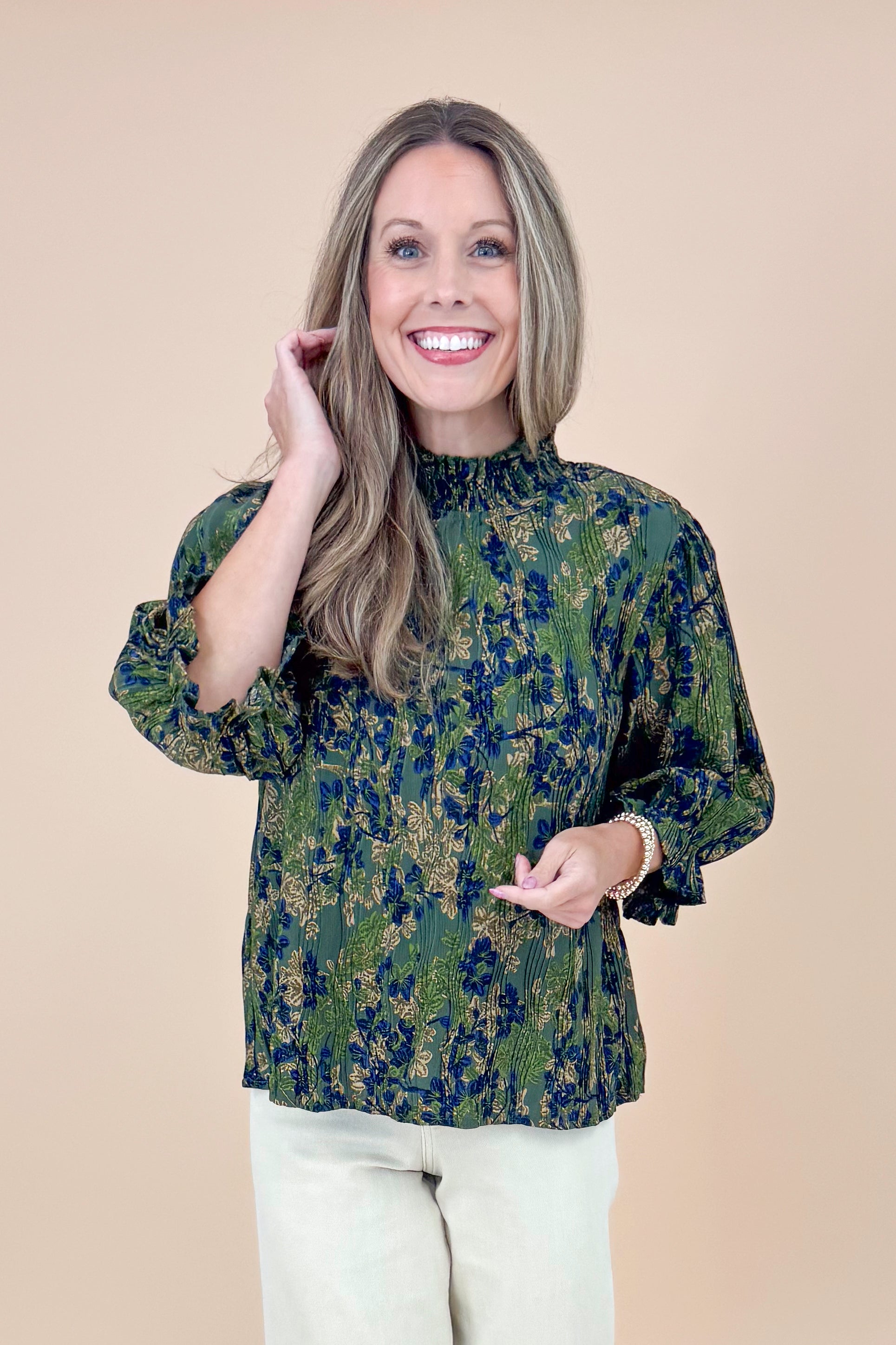 Sweet Escape Olive Smocked Neck Floral Top