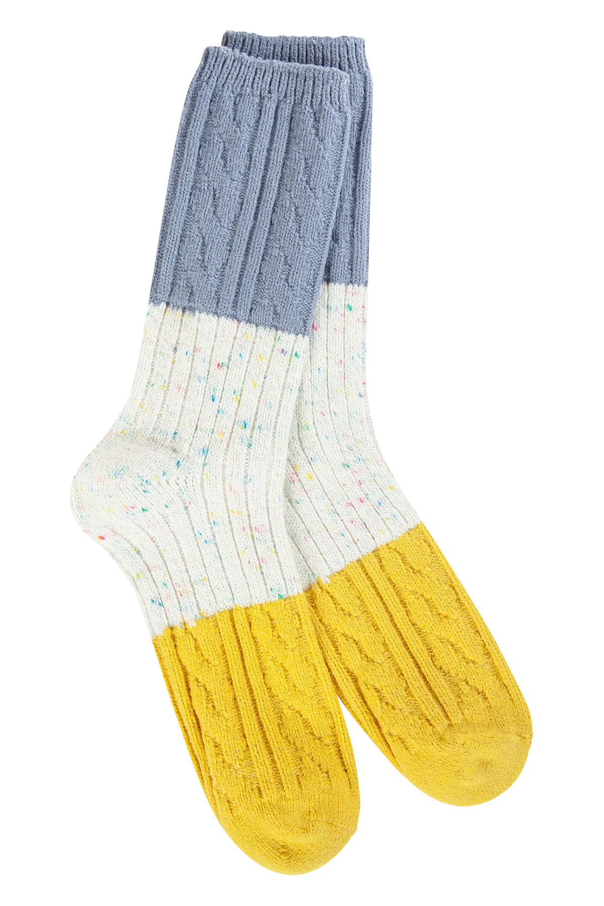 Color-blocked sock with blue, white, and yellow sections on a white background