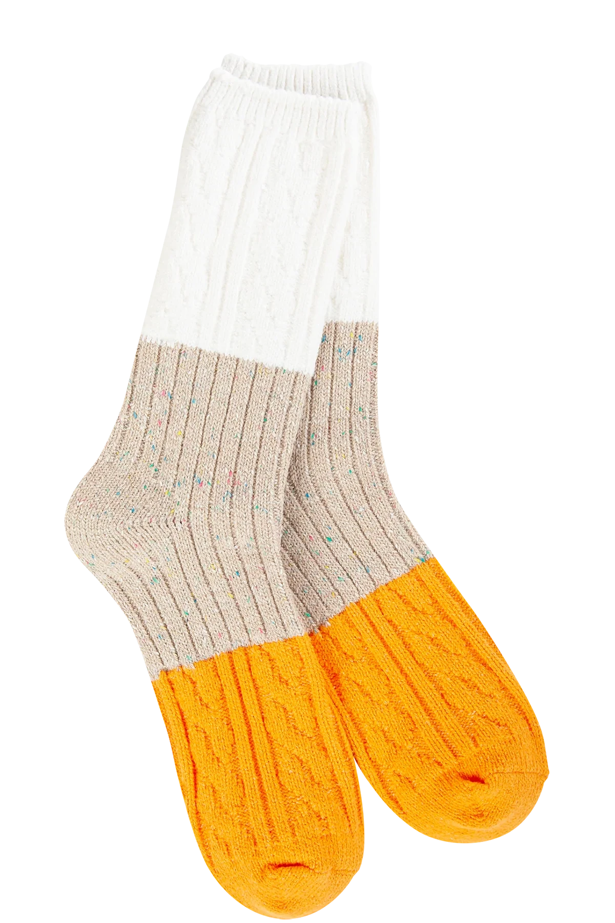Pair of socks with white top, beige middle, and orange bottom on a white background