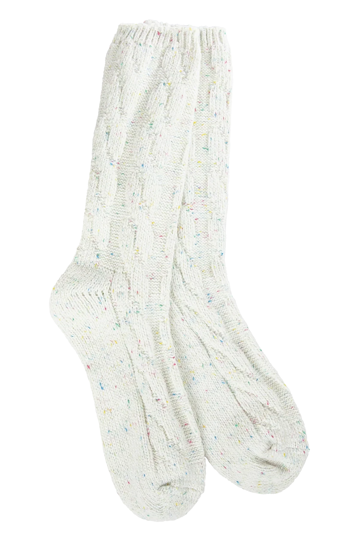 Pair of white socks with speckled pattern on a white background