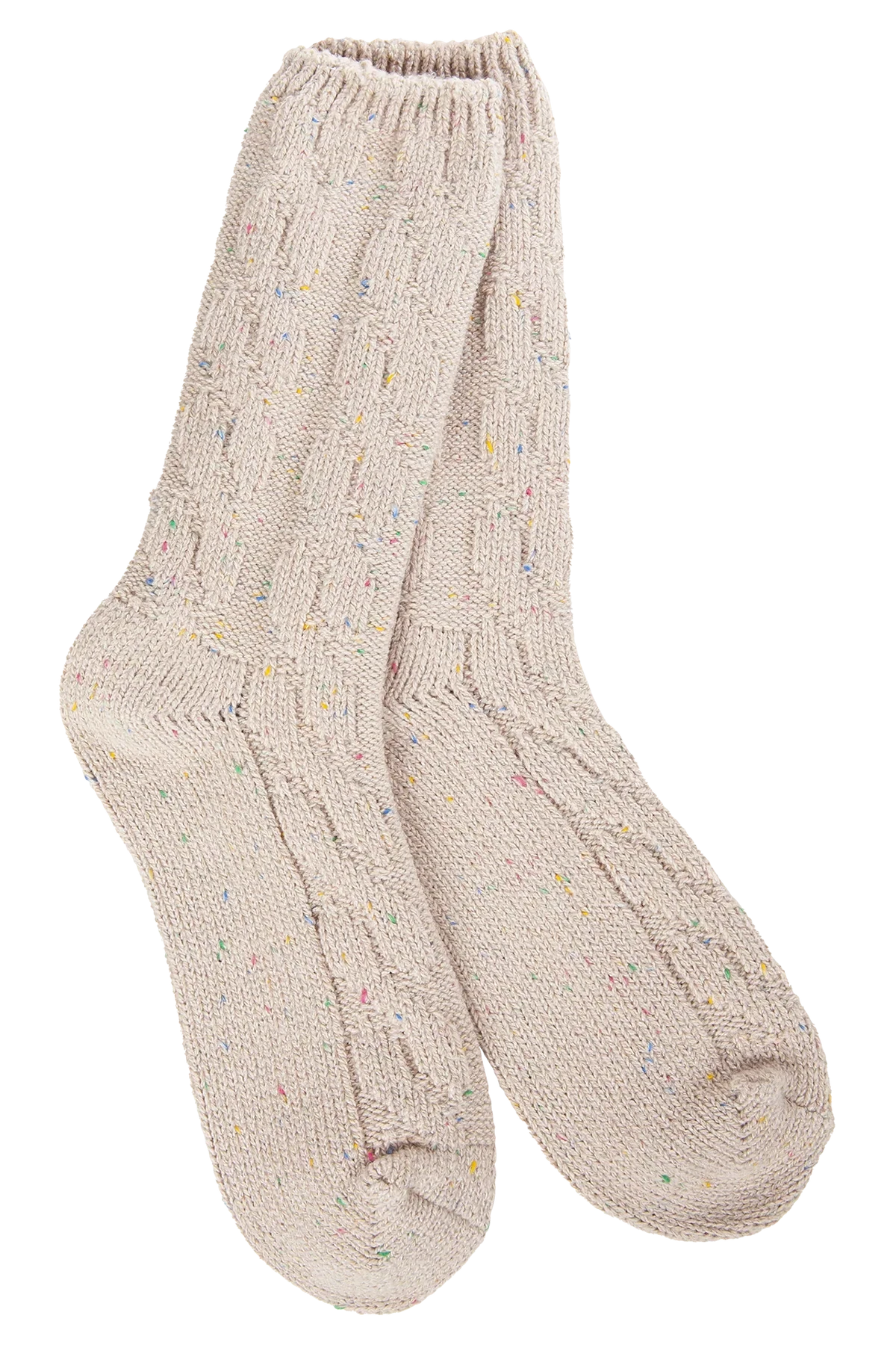 Pair of beige socks with subtle pattern on a white background