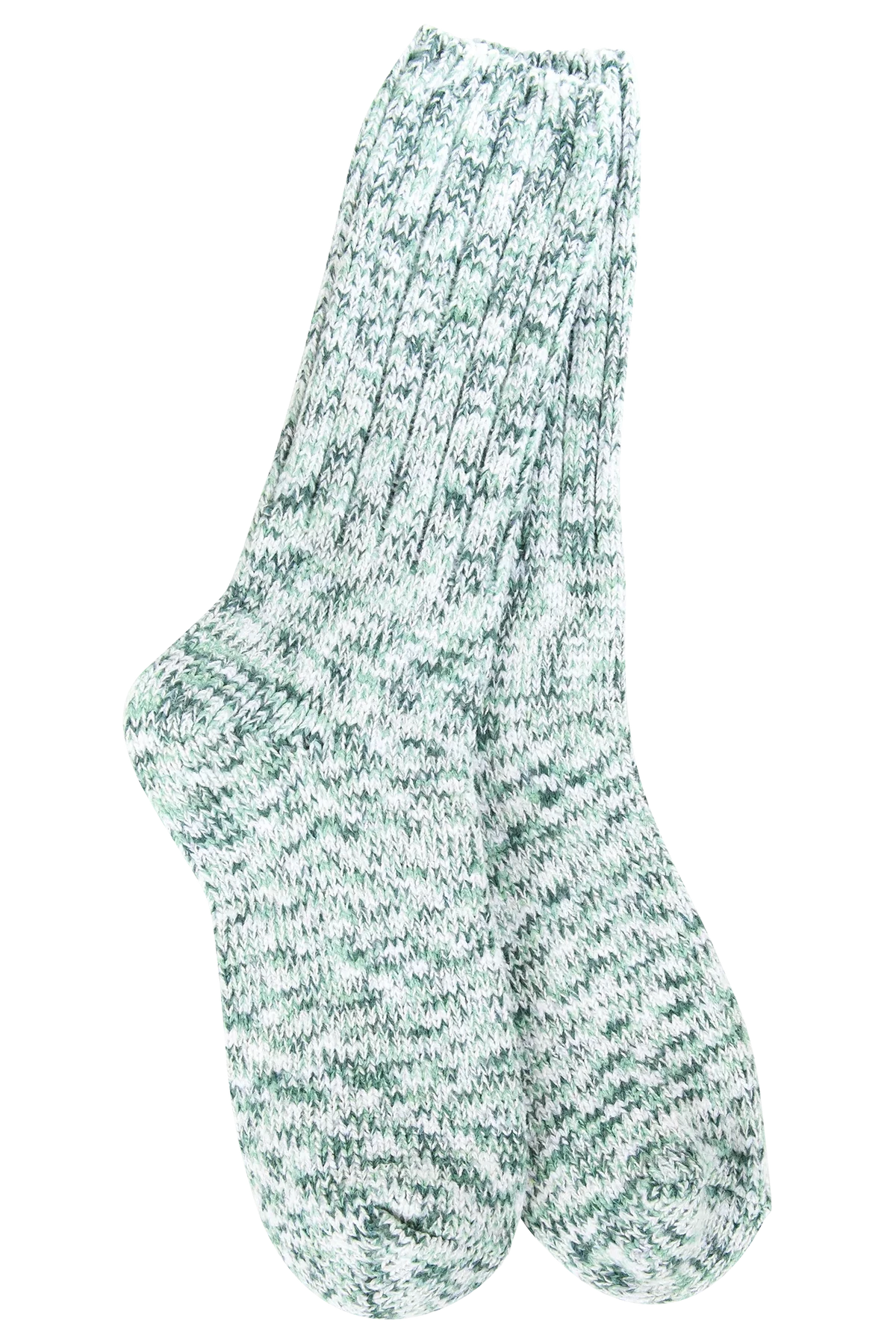 Pair of green and white marbled socks on a white background