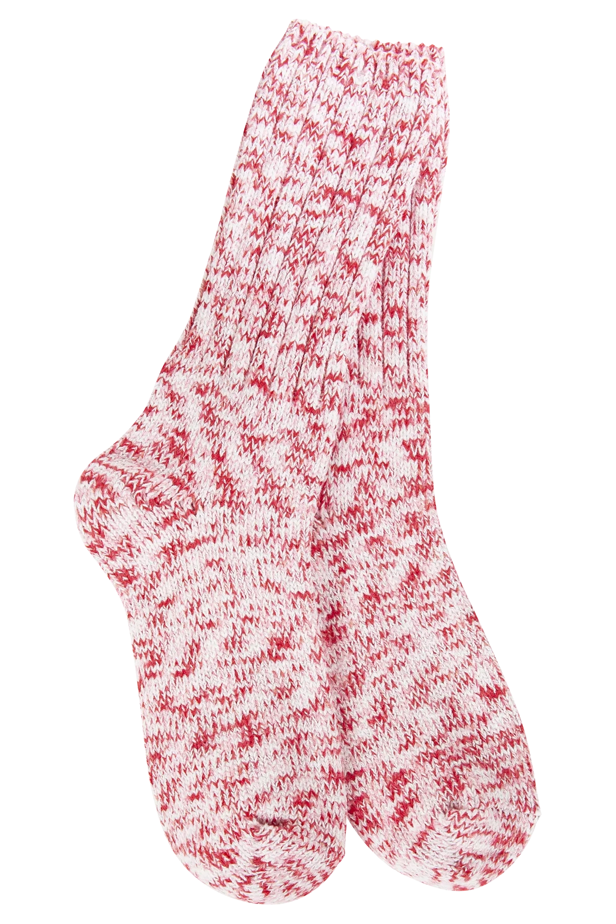 Red and white marbled sock on a white background