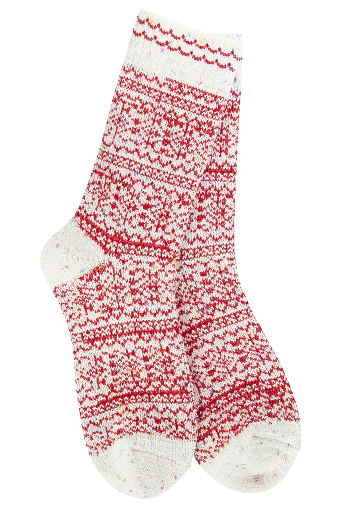 Red and white patterned sock on a white background