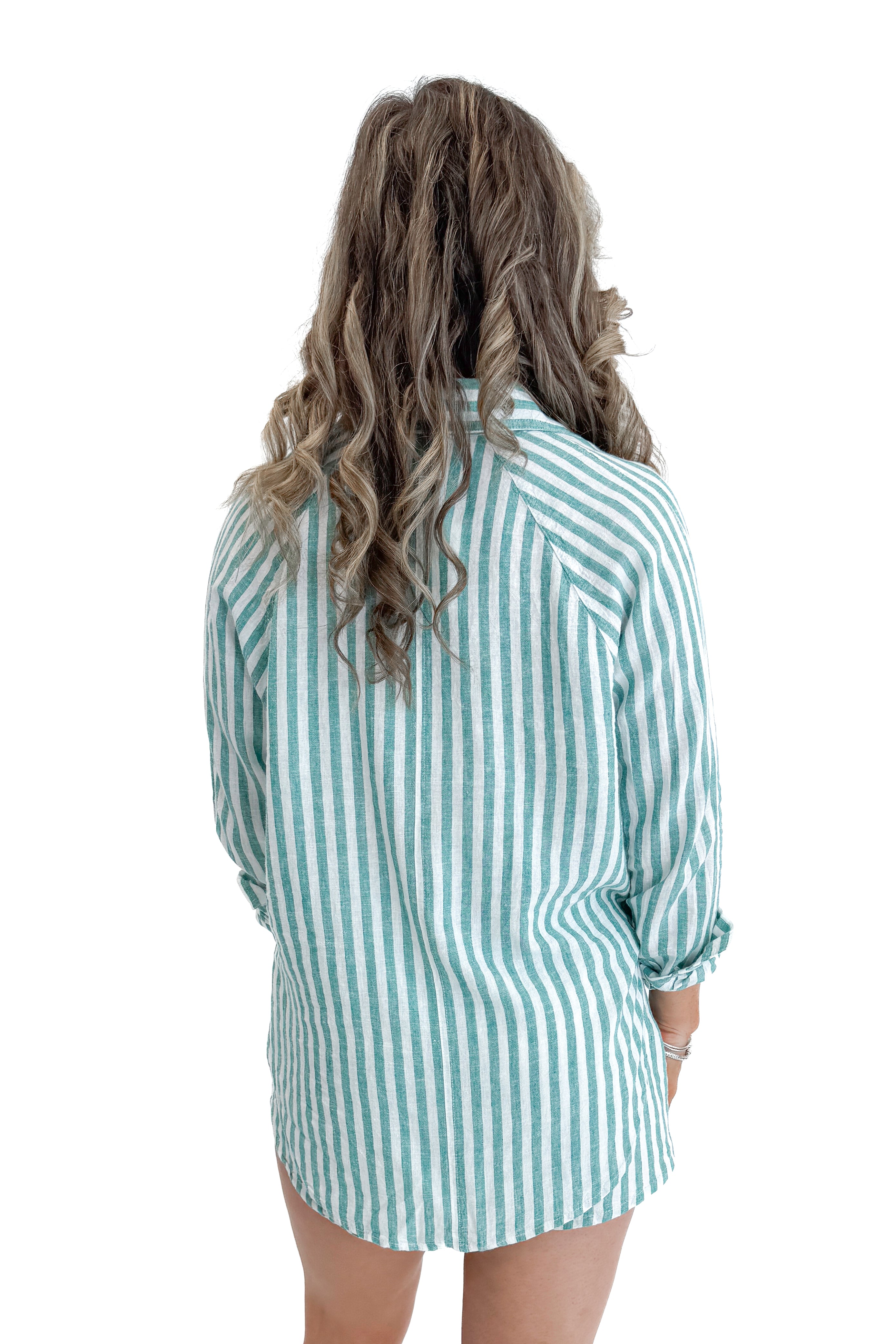 Back view of woman wearing La Palma Perfect Line Top by Z Supply with matching shorts against white studio background.