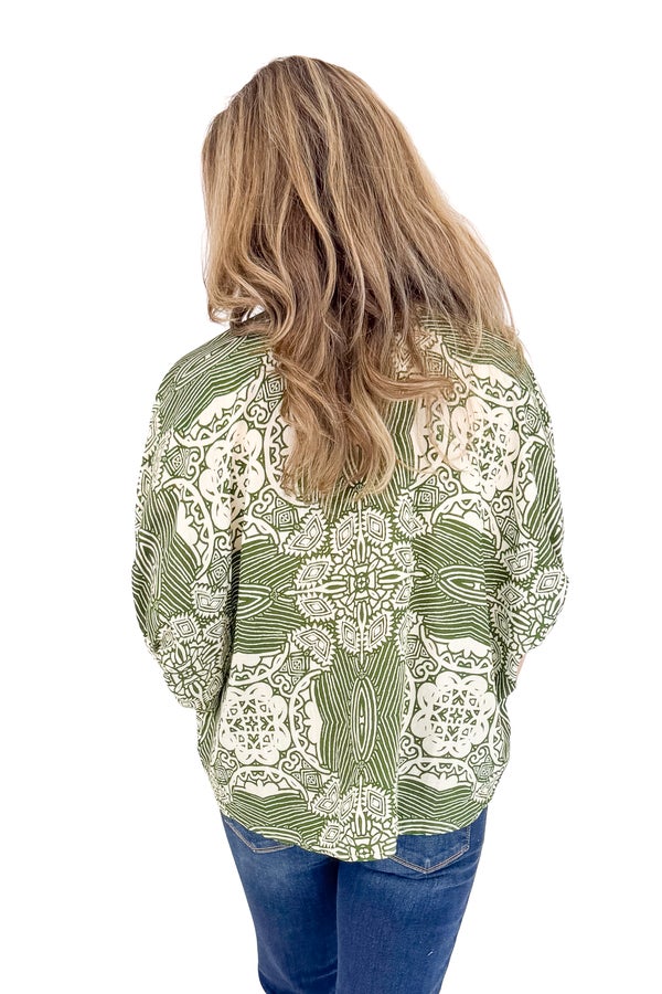 Keep It Cool Olive Abstract Print With V-neck Lining Detail Top by Entro