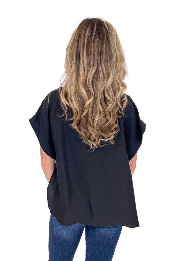 Fall Into Place Black Satin Boxy Top