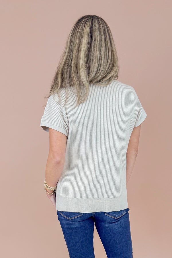 Easy Does It Taupe Ribbed Short Sleeve Sweater