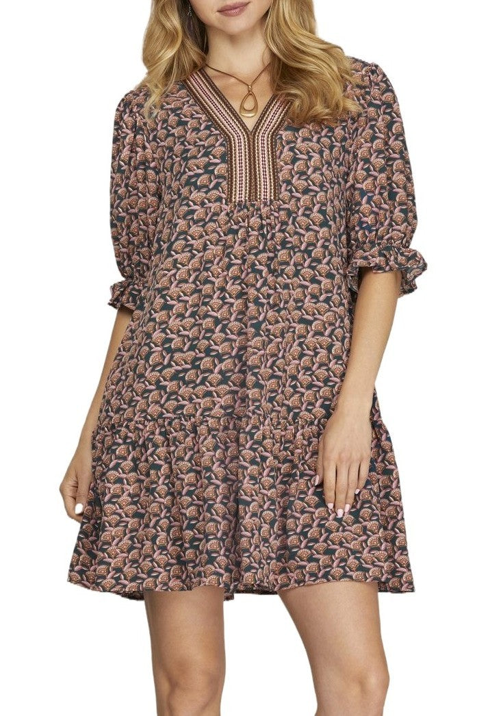 Here For It Teal Printed Puff Sleeve Dress by She + Sky