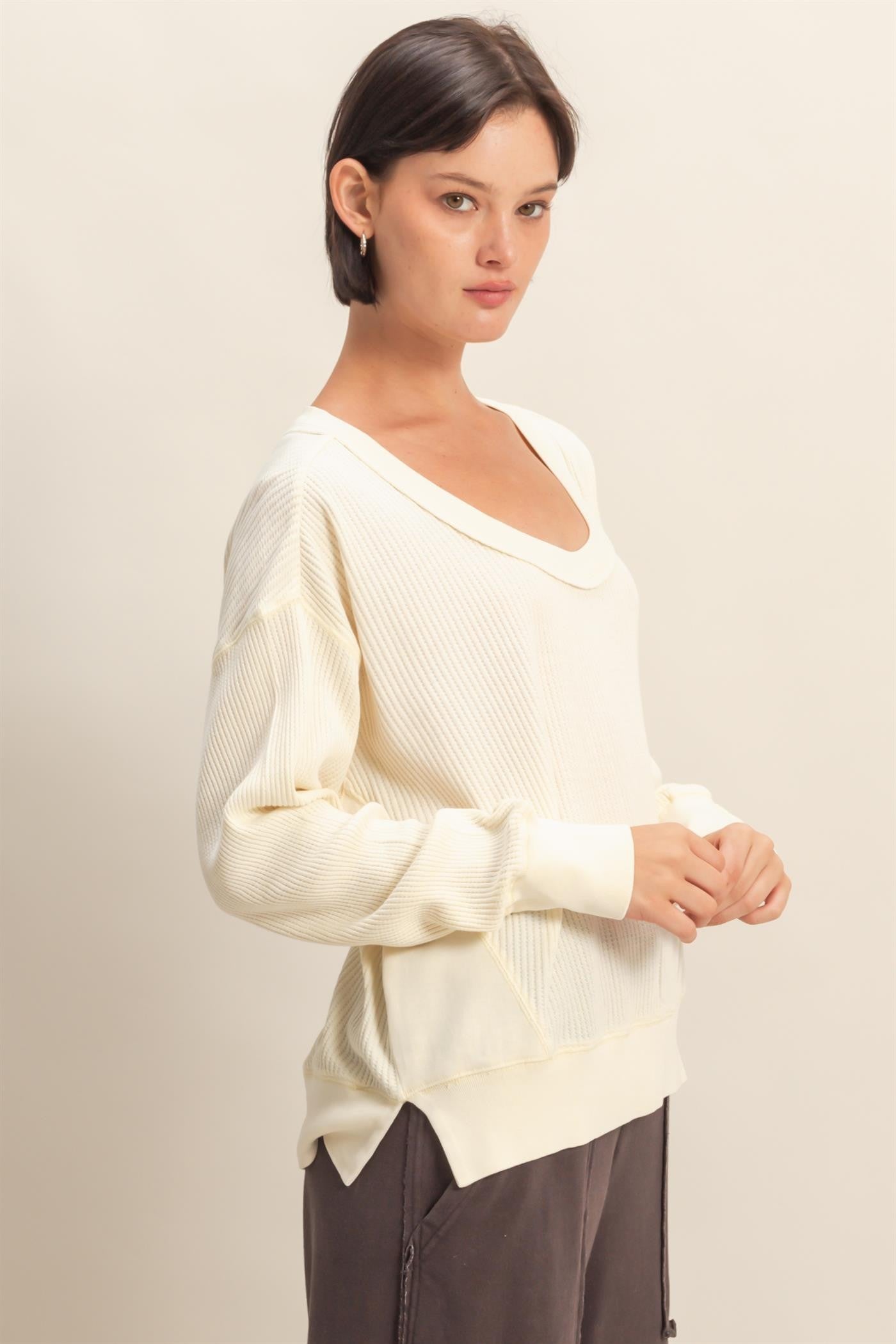 Falling Fast Cream Round Neck Waffle Weave Top