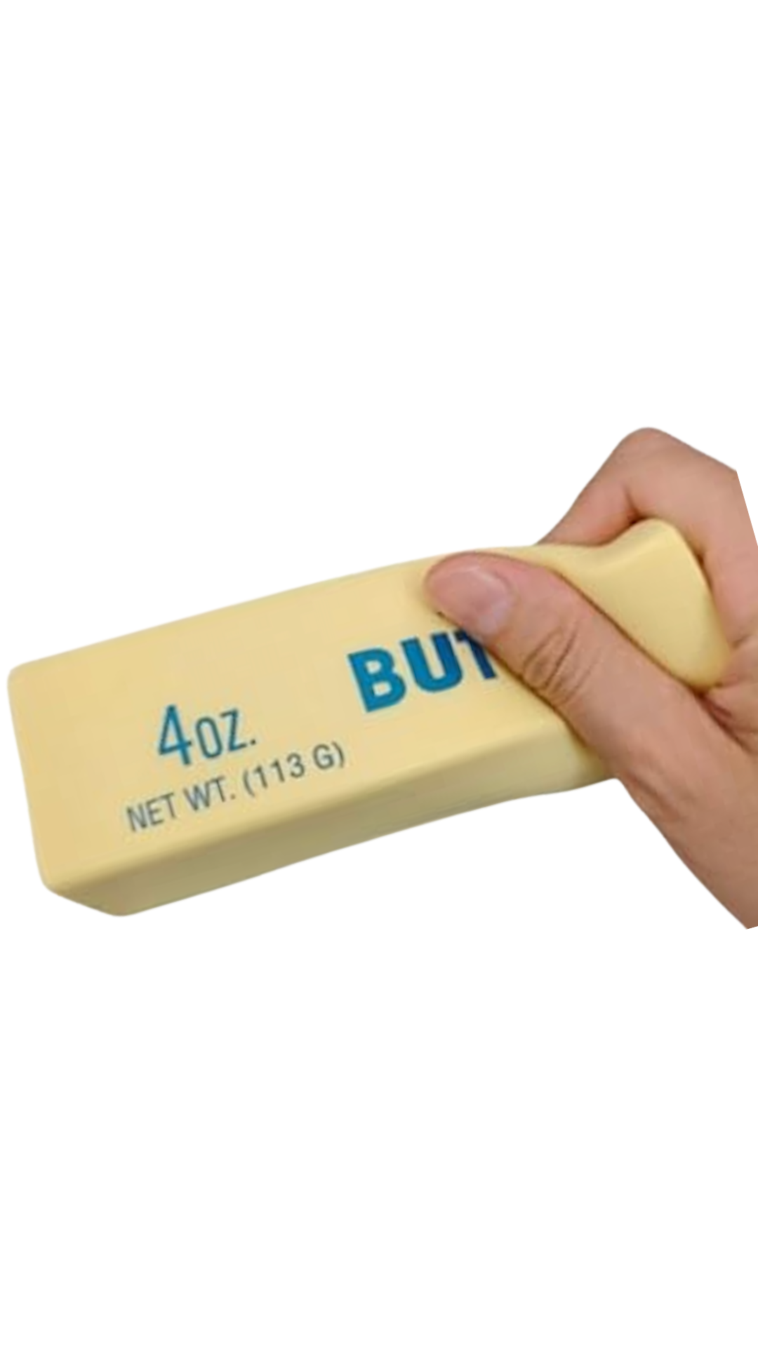 Hand holding a butter squishy on a white background