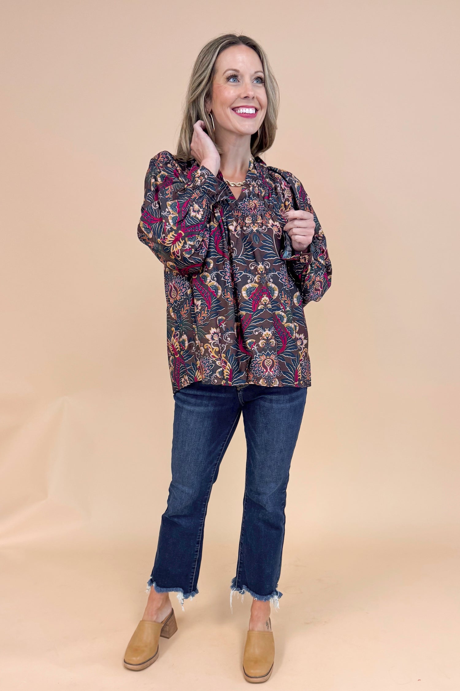 VIP Vibes Brown & Multi Printed Long Sleeve Top