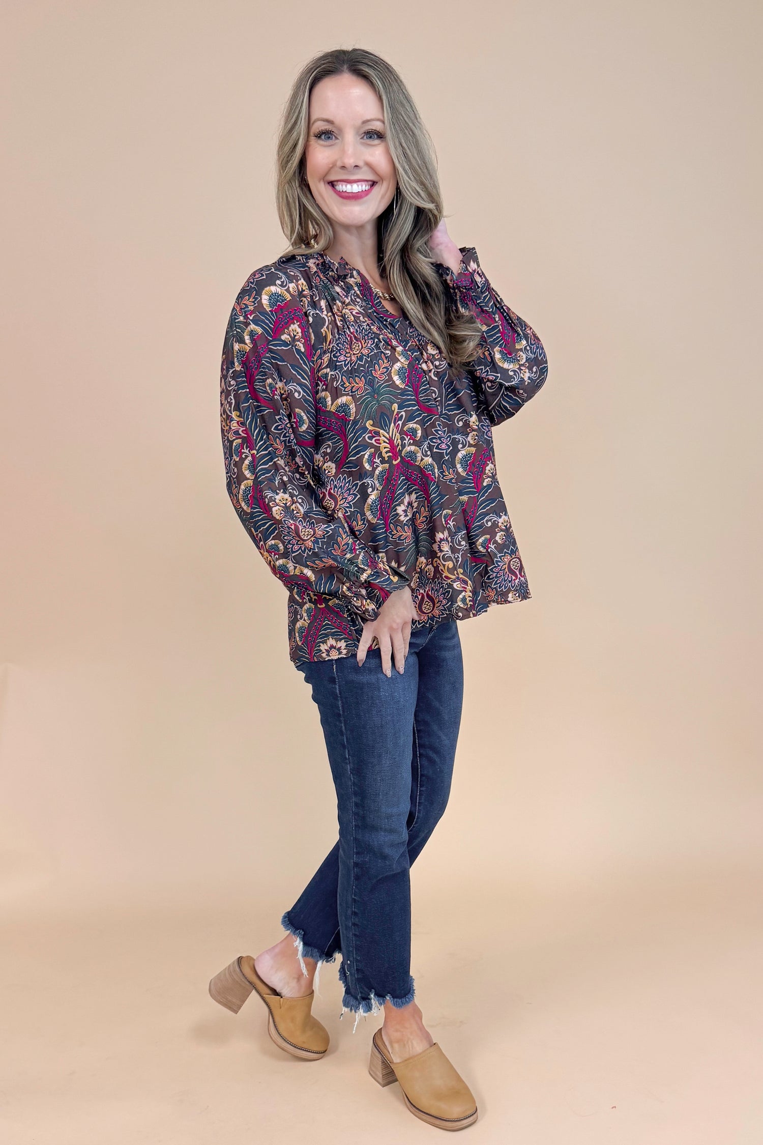 VIP Vibes Brown & Multi Printed Long Sleeve Top