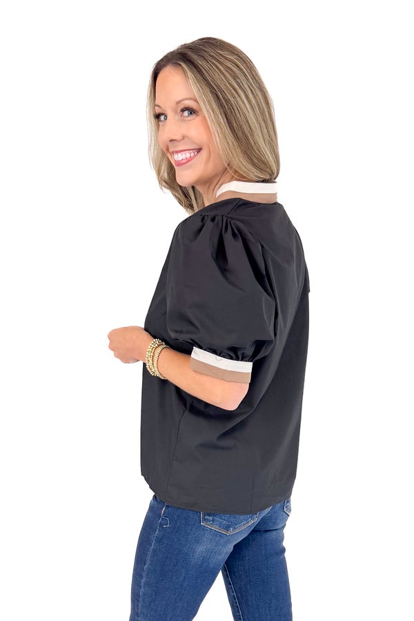 Swept Away Black With Cream & Brown Stripe Detail V-neck Top by Entro