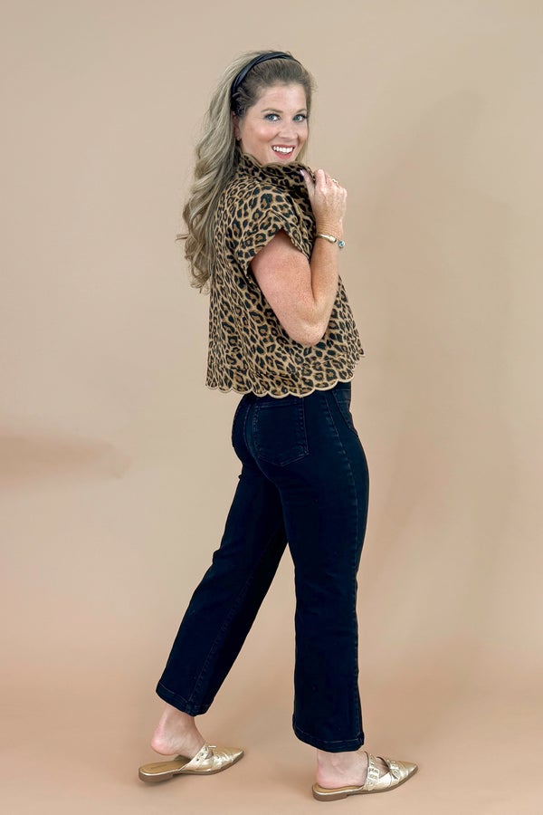 Wild Intentions Leopard Scallop Hem Short Sleeve Sweatshirt Top