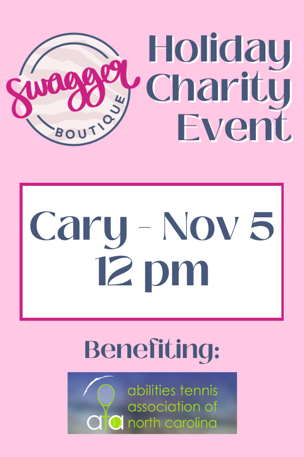A pink flyer for the Swagger Boutique Holiday Charity Event. The flyer features the Swagger Boutique logo on the top left, the text &
