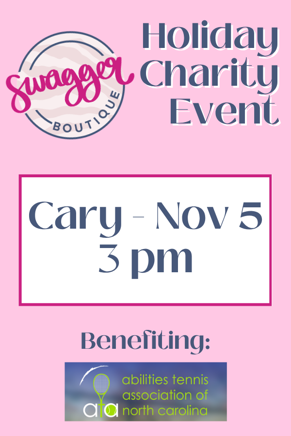 A pink flyer for the Swagger Boutique Holiday Charity Event, featuring the event title, date and time &
