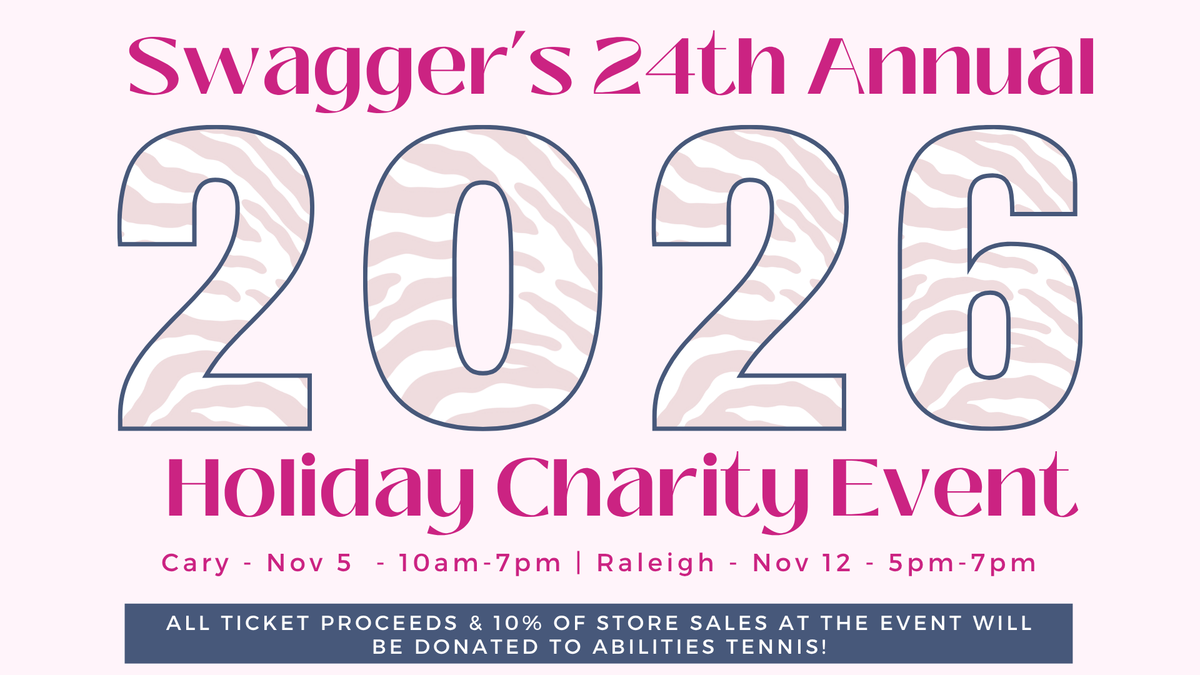 Promotional graphic for the Swagger's 24th Annual 2026 Holiday Charity Event, featuring large '2026' text with a zebra-stripe pattern inside, pink event title text, event dates and times, and a dark blue donation notice at the bottom on a pale pink background.