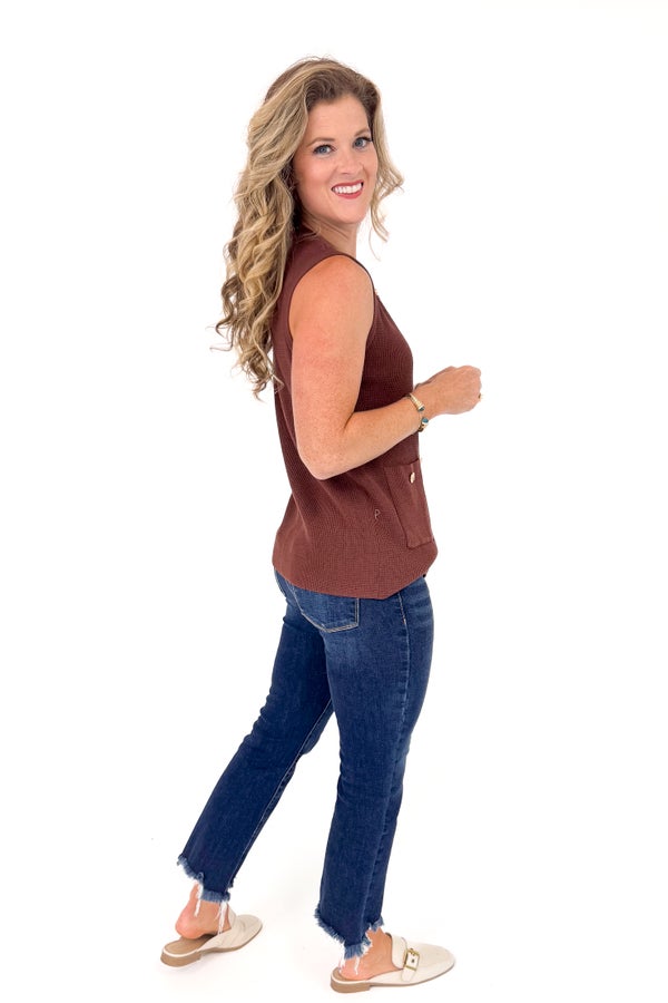 Raise The Stakes Brown Button Detail Sweater Vest by Entro