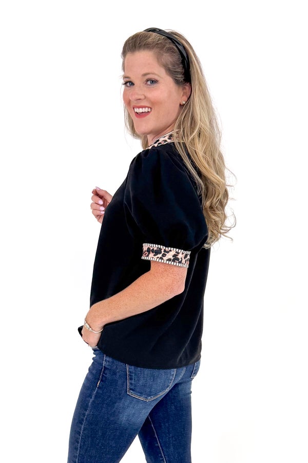 Roam Free Black With Leopard Lining Button Up Top