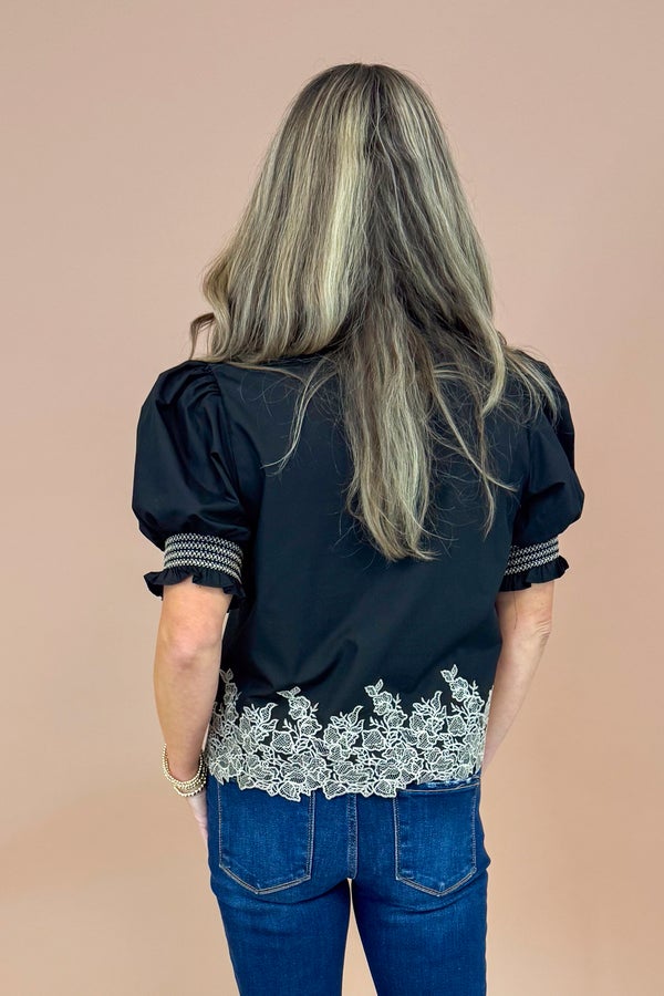 One More Round Black With White Lace Detail Short Sleeve Top by Entro