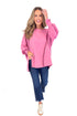 Falling For You pink puff sleeve seam detail sweatshirt - front view on model