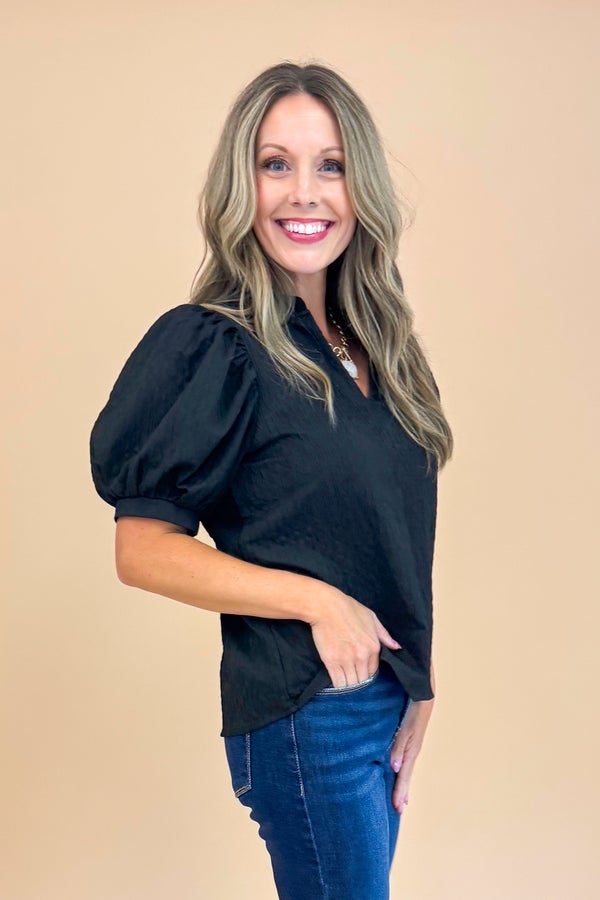 Big Spender Black Textured V-Neck Top