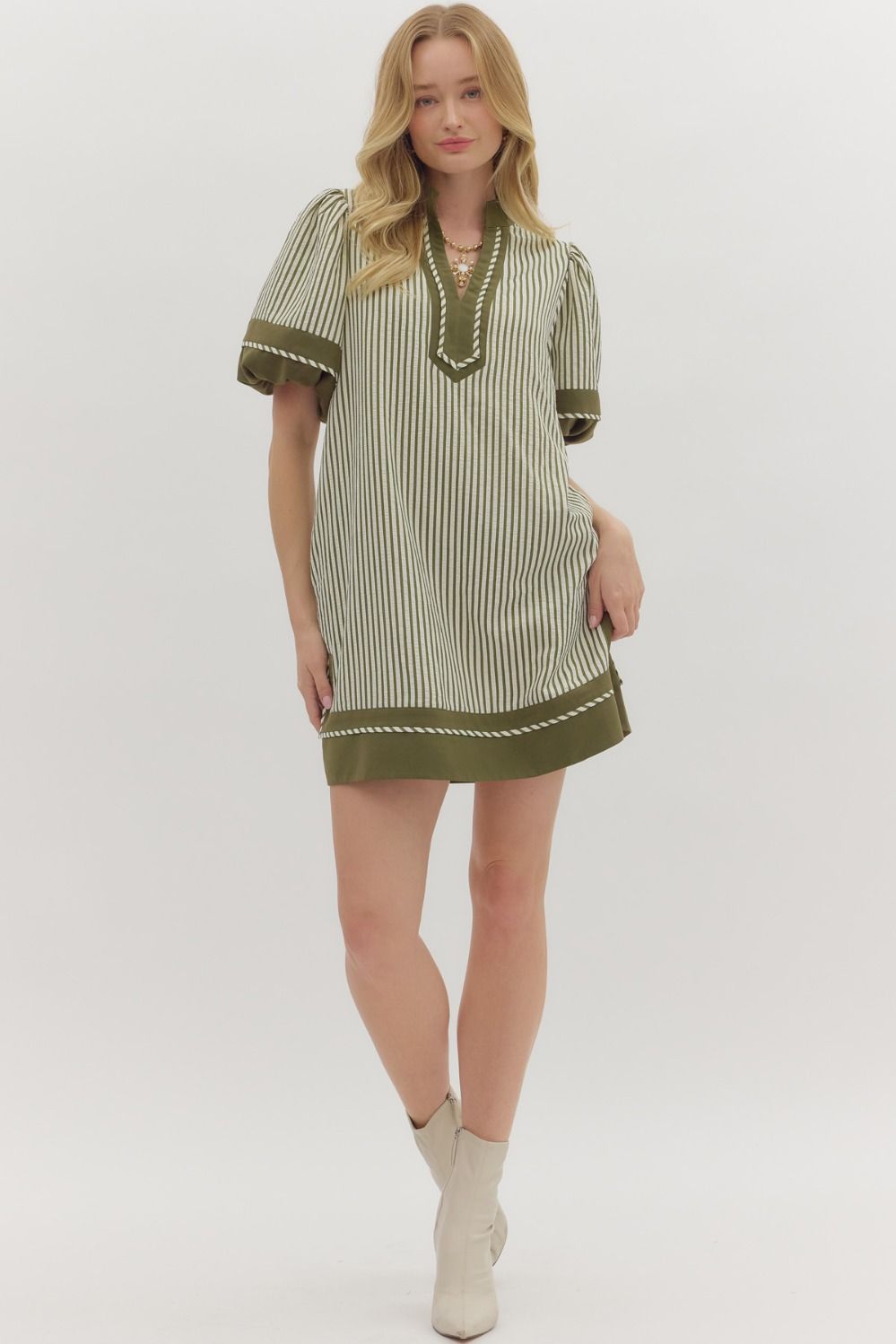 First Things First Olive & Cream Striped With Olive Lining Dress by Entro