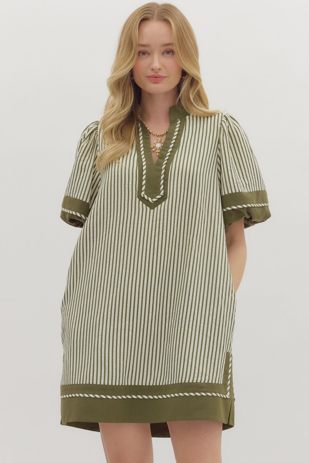 First Things First Olive & Cream Striped With Olive Lining Dress by Entro