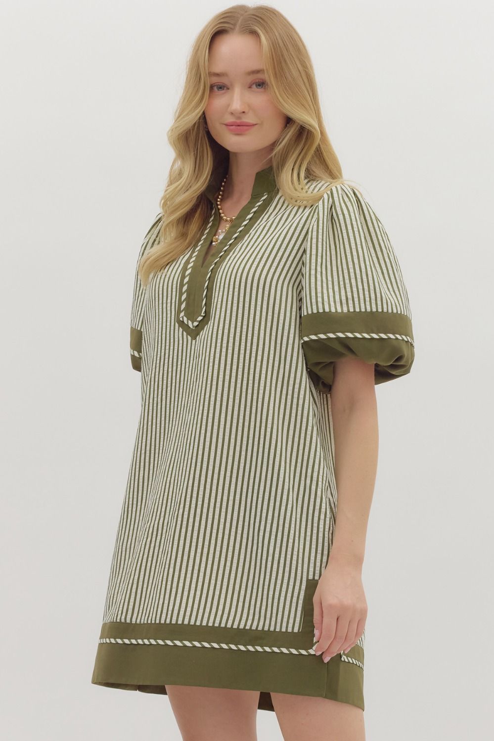 First Things First Olive & Cream Striped With Olive Lining Dress by Entro