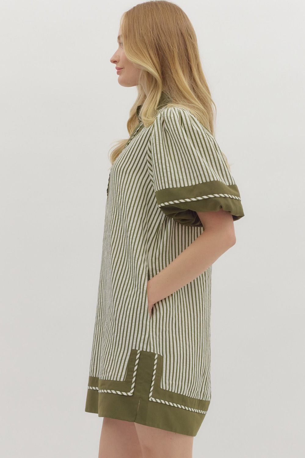 First Things First Olive & Cream Striped With Olive Lining Dress by Entro