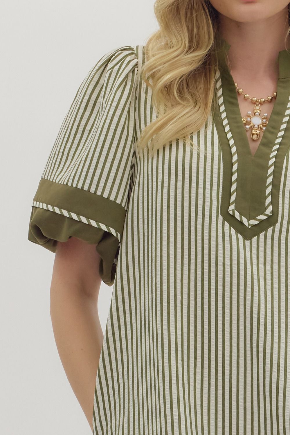 First Things First Olive & Cream Striped With Olive Lining Dress by Entro