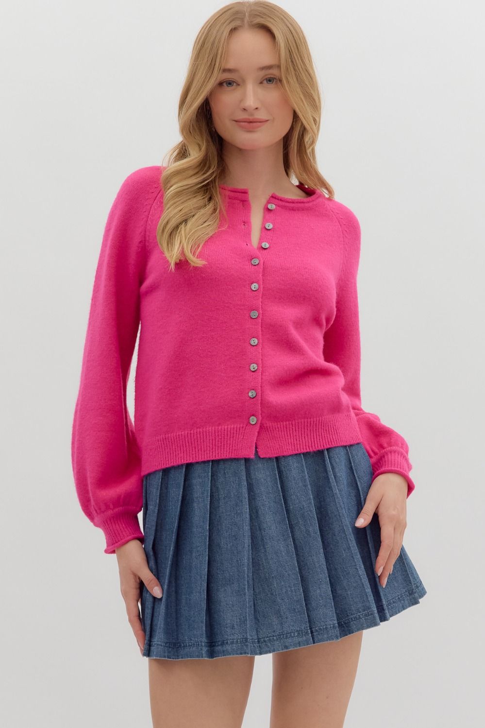 Good Energy Hot Pink Button Up Puff Sleeve Cardigan by Entro