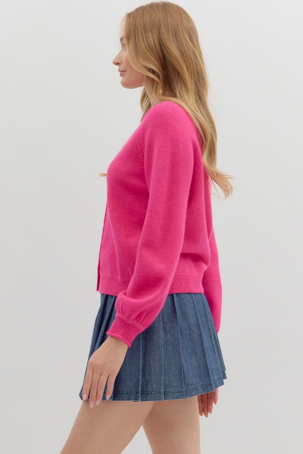 Good Energy Hot Pink Button Up Puff Sleeve Cardigan by Entro