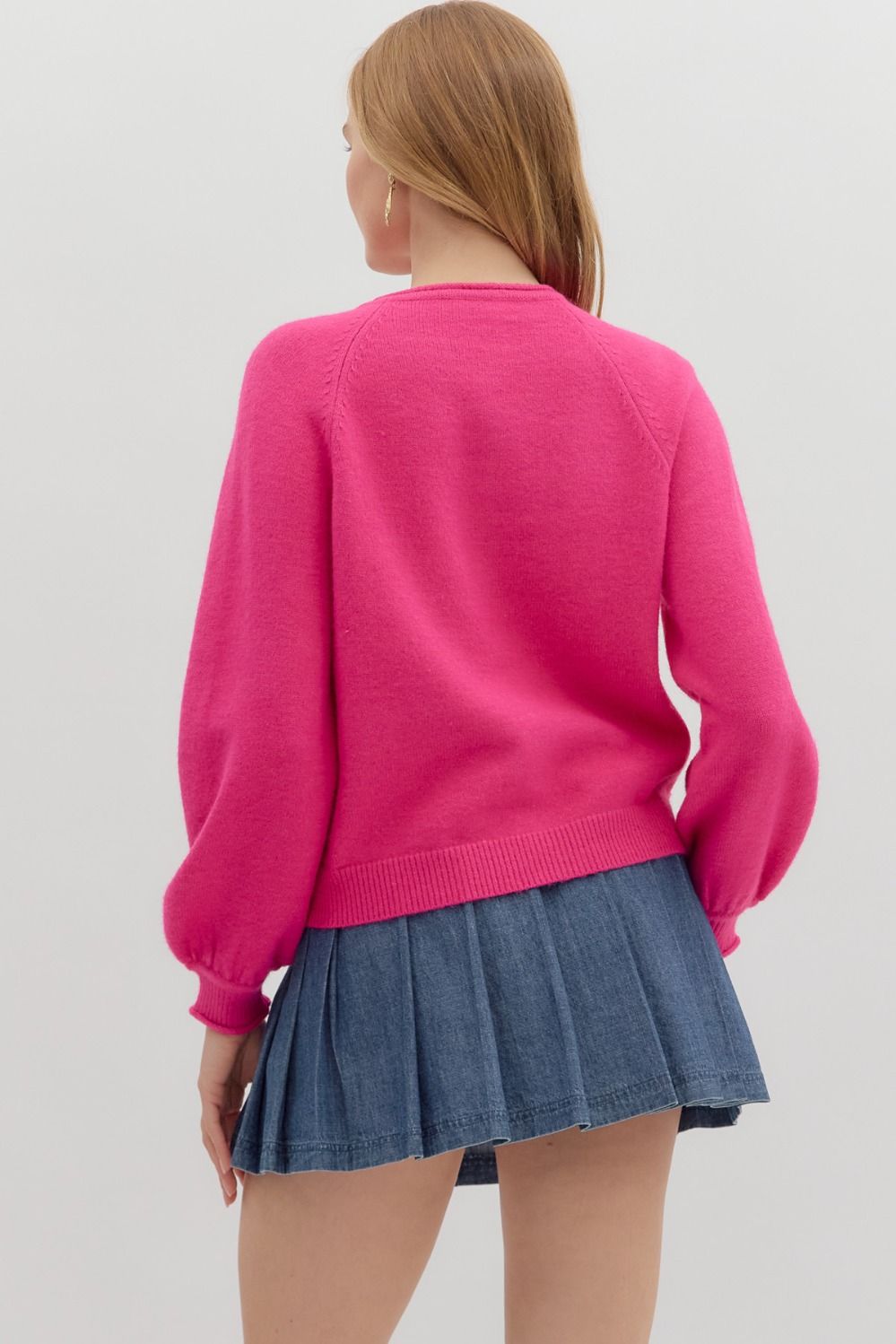 Good Energy Hot Pink Button Up Puff Sleeve Cardigan by Entro