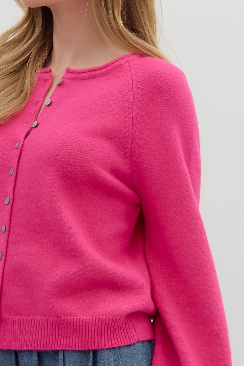 Good Energy Hot Pink Button Up Puff Sleeve Cardigan by Entro