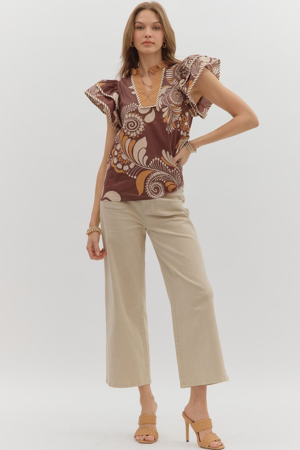 Sweet Thing Brown & Rust Printed Flutter Sleeve Top by Entro