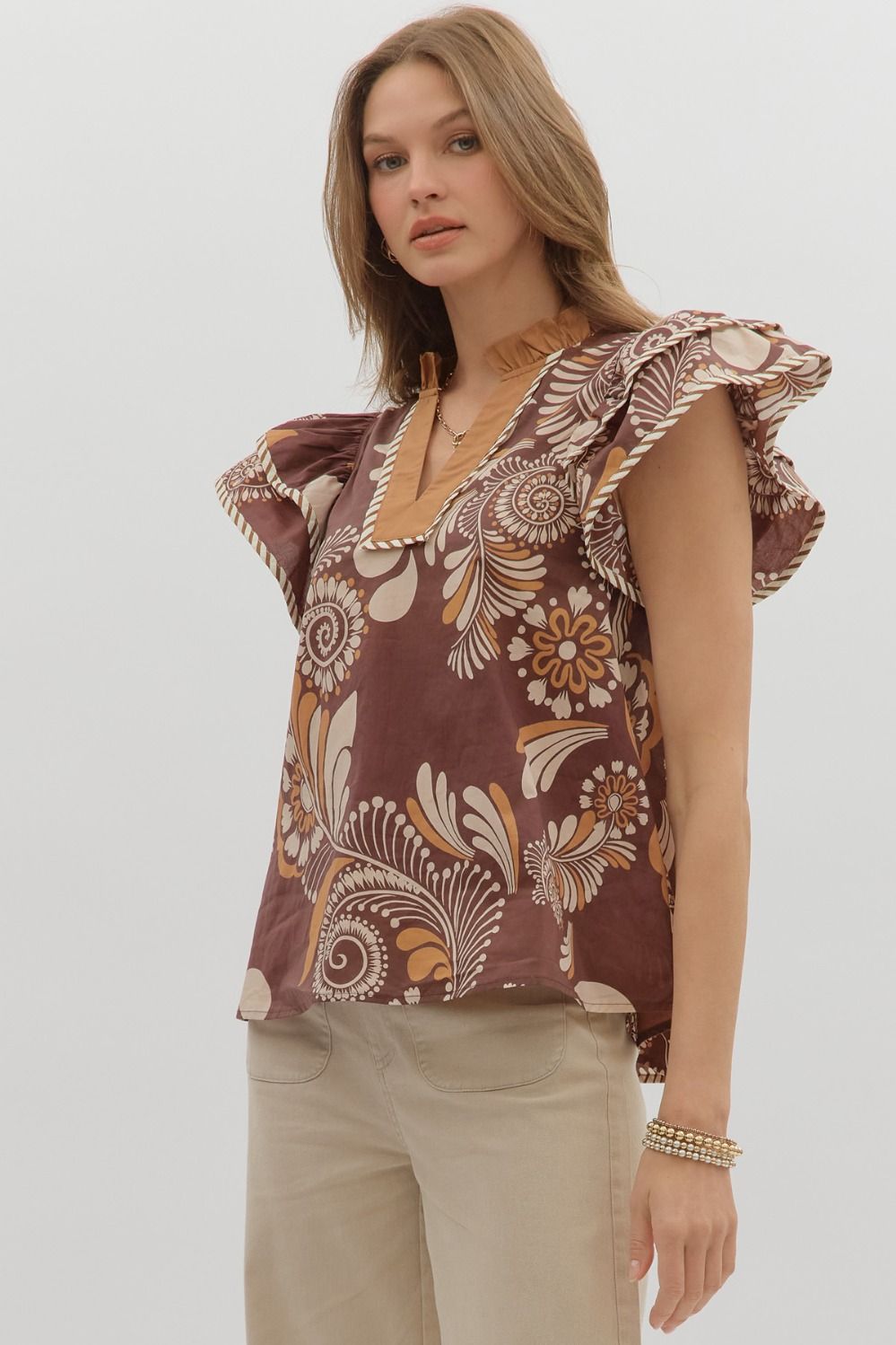 Sweet Thing Brown & Rust Printed Flutter Sleeve Top by Entro