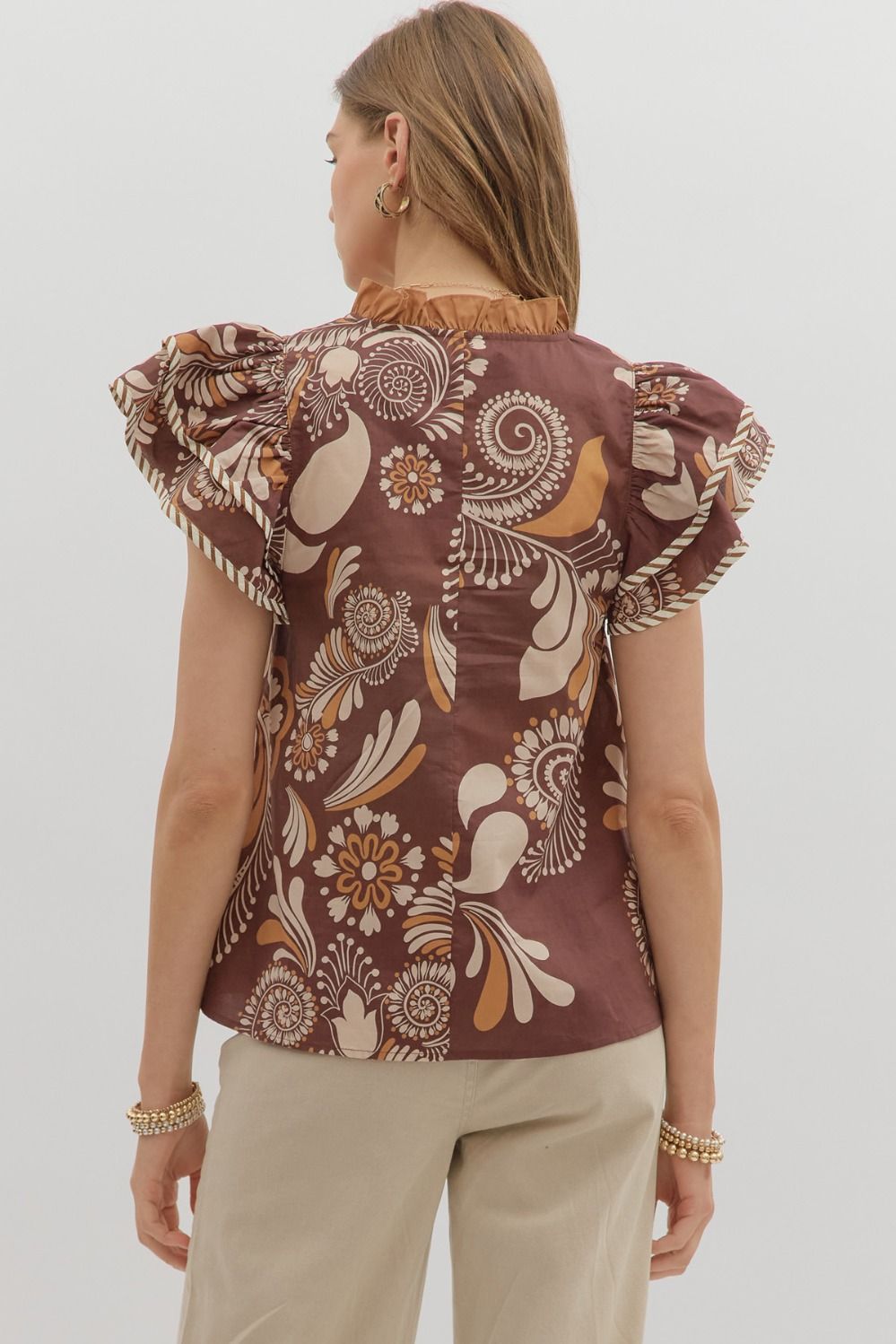 Sweet Thing Brown & Rust Printed Flutter Sleeve Top by Entro