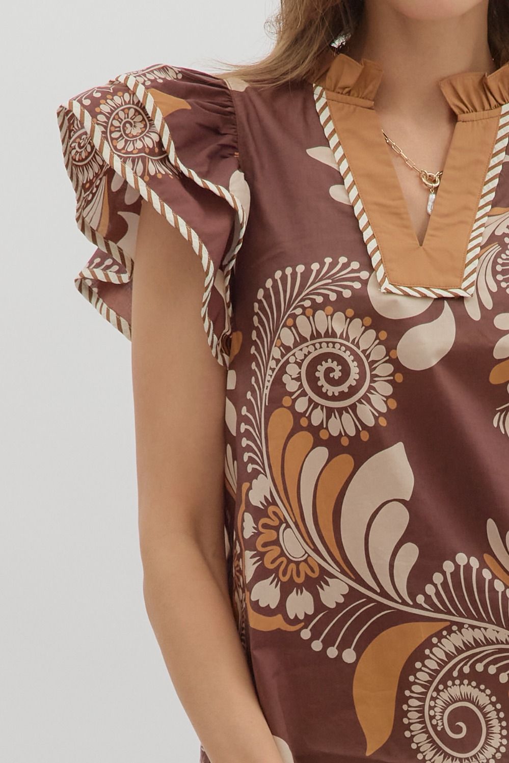 Sweet Thing Brown & Rust Printed Flutter Sleeve Top by Entro