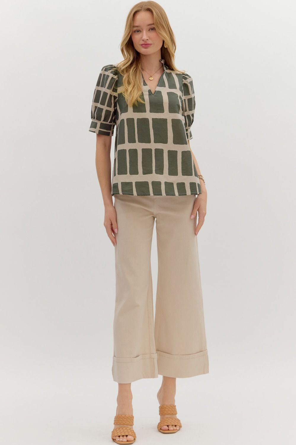Hold My Hand Olive & Khaki Abstract Print V-neck Top by Entro