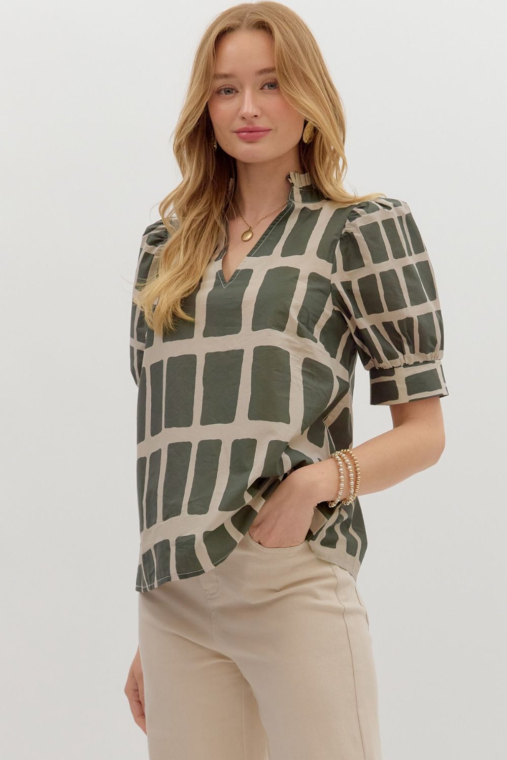 Hold My Hand Olive & Khaki Abstract Print V-neck Top by Entro