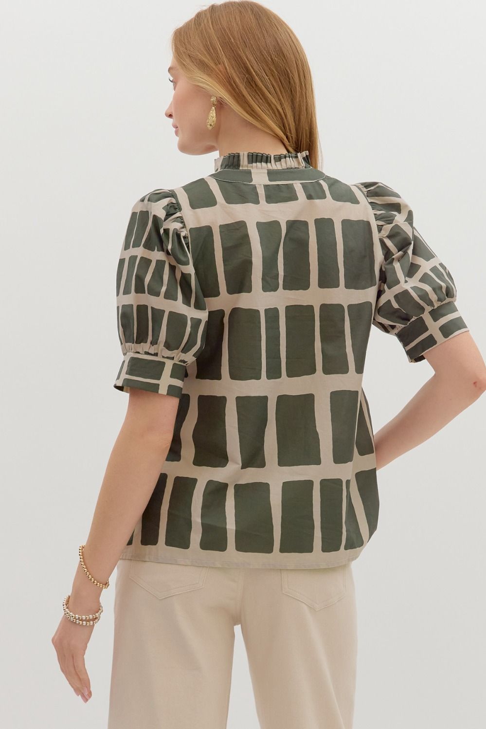 Hold My Hand Olive & Khaki Abstract Print V-neck Top by Entro